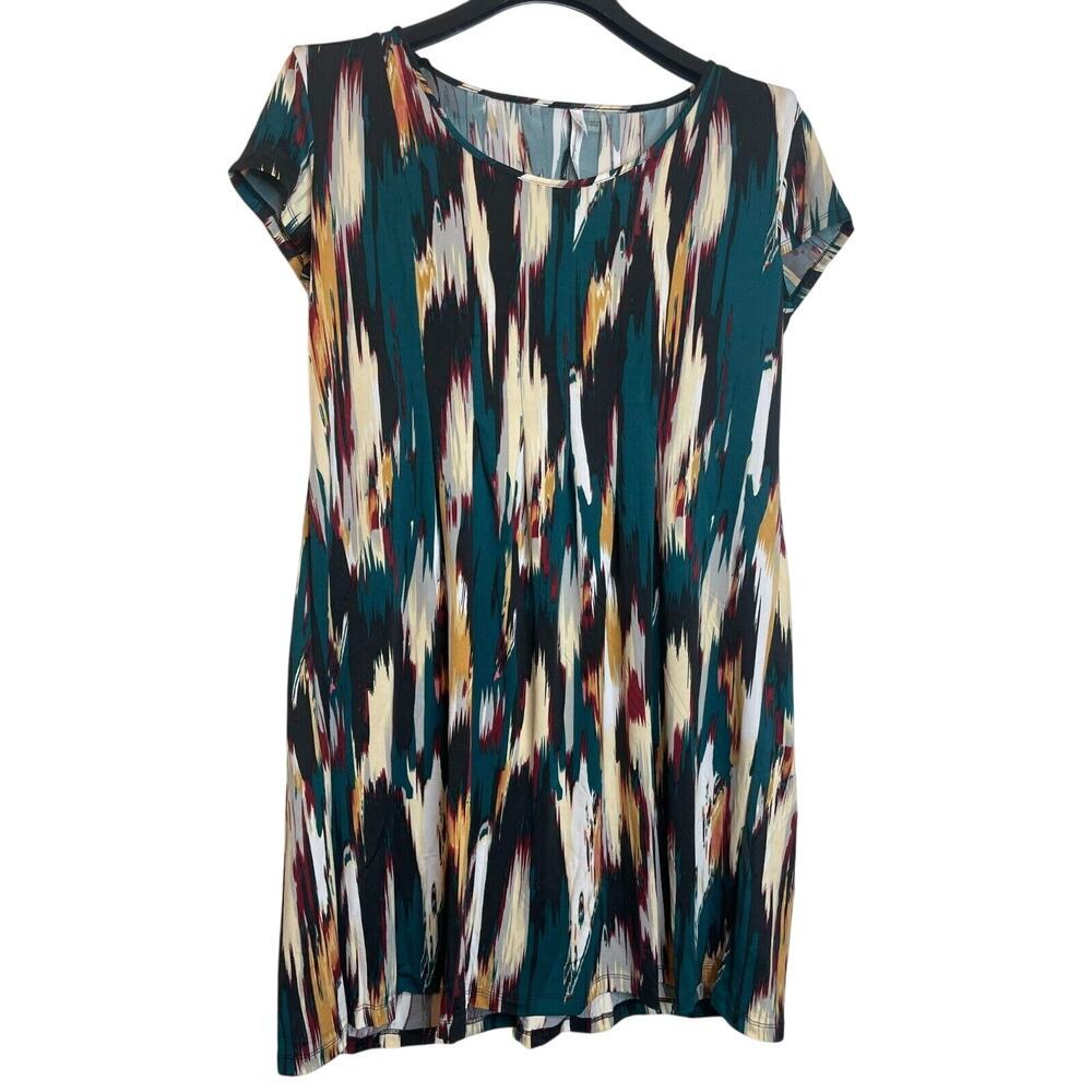 NY Collection Womens Abstract Print Pleated Round Neck Dress Short Sleeve Size L